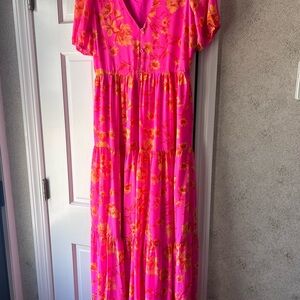 Sugarlips Pink and Orange Flutter Sleeve Maxi Dress